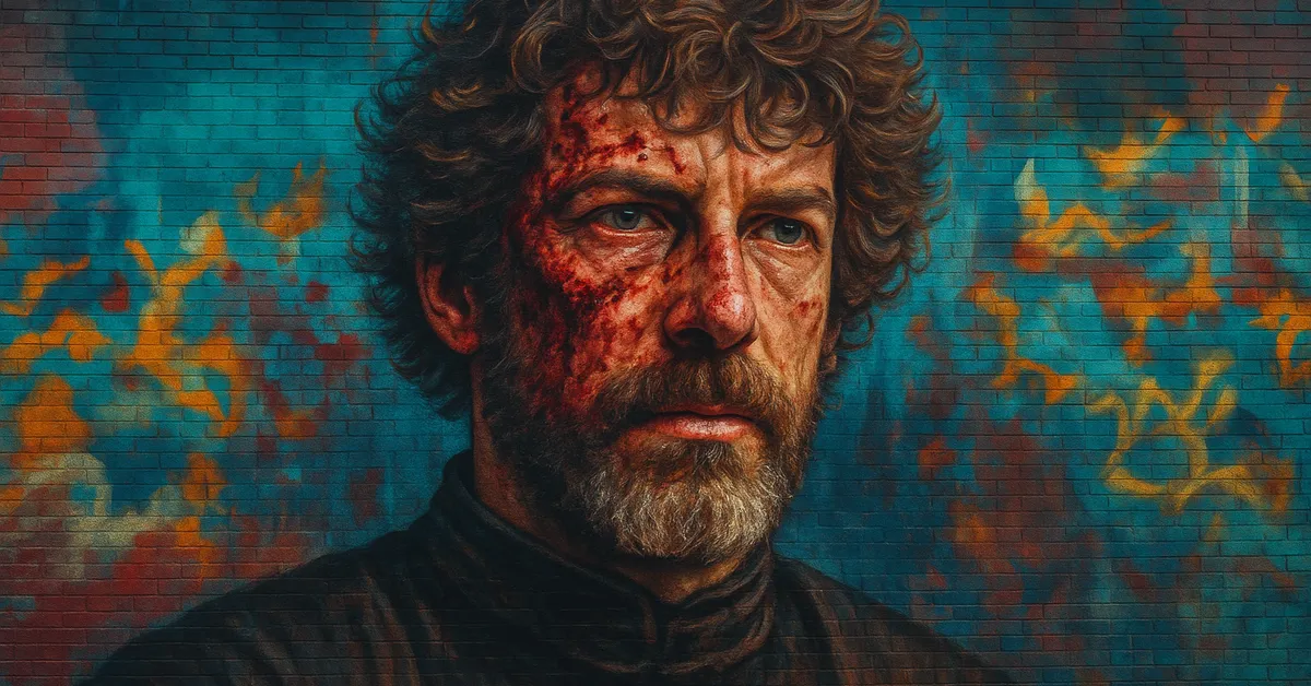 hyper-realistic street art portrait of Augustus Rookwood, a rugged man with curly hair and a bloodied face staring intensely with a look of desperation characteristic of a cornered Death Eater on a brick wall