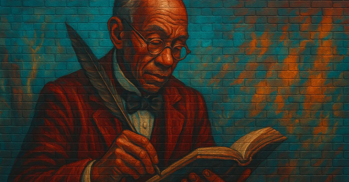 hyper-realistic street art of Augustus Worme, depicting a bald elderly man with round spectacles and a red suit writing intently in a book with a quill to represent the author of Obscurus Books