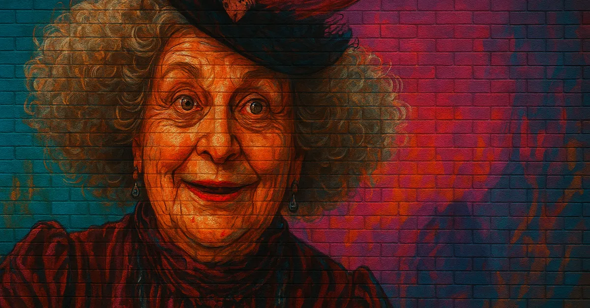 graffiti portrait of Aunt Muriel, an elderly woman with wild white curls and a large feathered hat wearing a red dress and heavy jewelry looking formidable on a brick surface