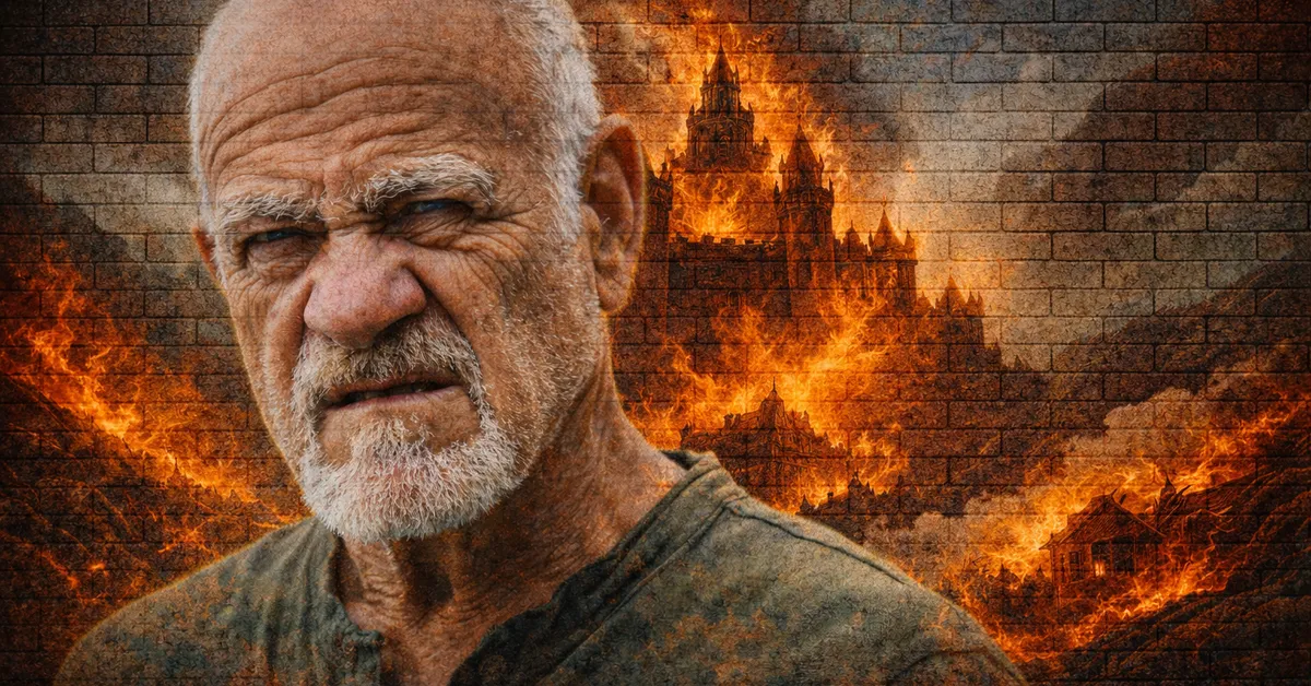 Aurane Waters squints into the sun wearing his battle clothing as behind him a wall of flames comes towards him