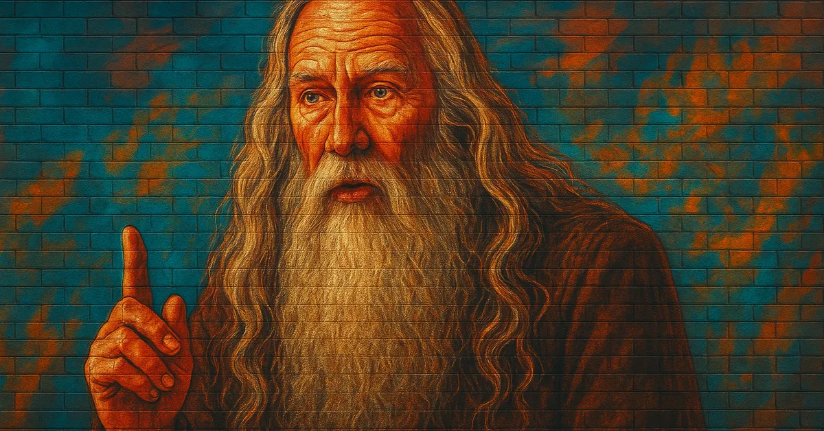 mural of Aurelius Dumbledore, portrayed as an elderly wizard with a long flowing white beard raising a finger in a gesture of significance hinting at his connection to the Dumbledore bloodline