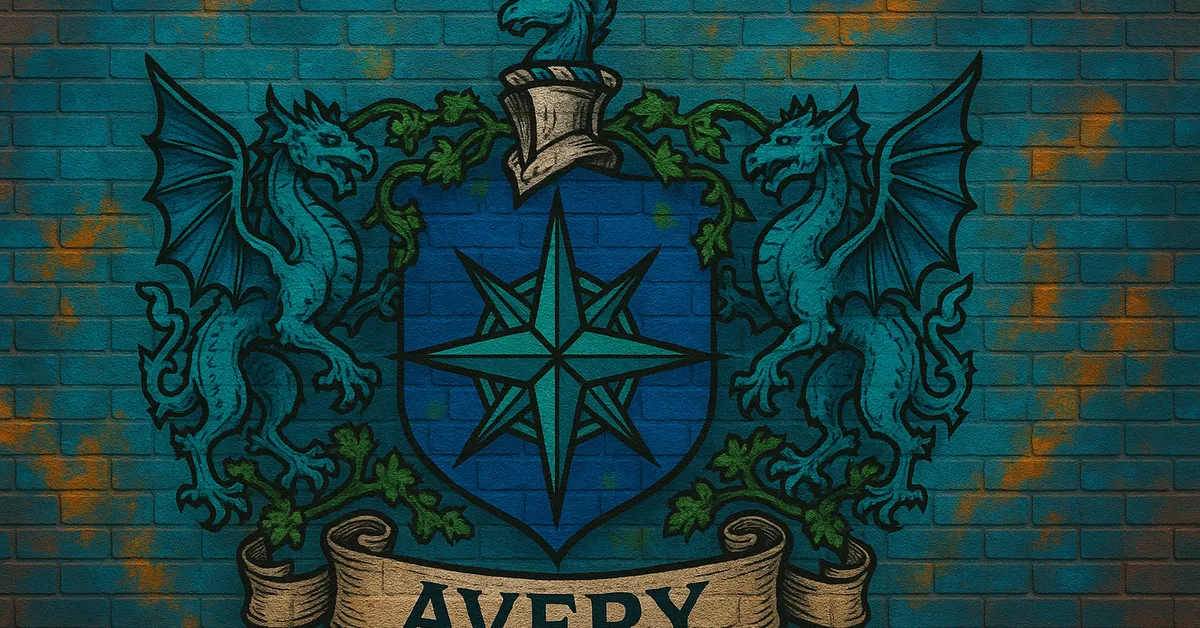 graffiti mural of the Avery Family crest, displaying a blue shield with a central compass star supported by two teal dragons and topped with a knight's helmet on a brick wall