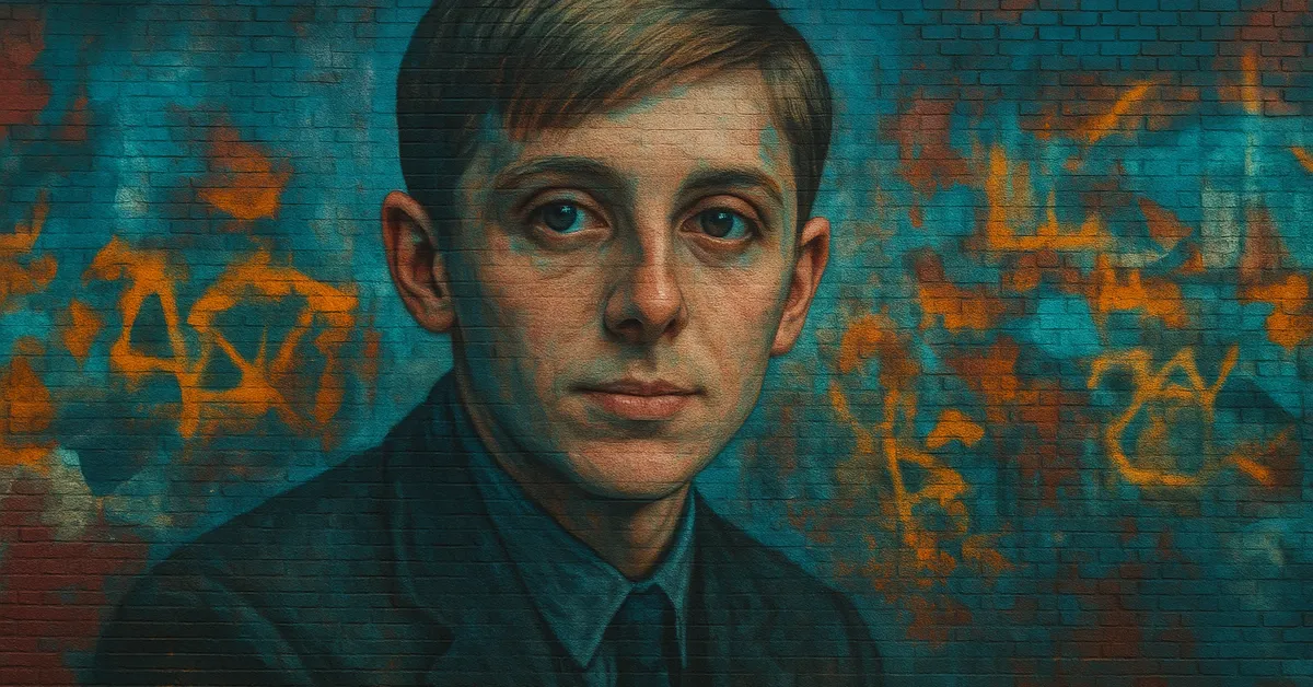 painting of Avery I, a young man with neat brown hair and a formal suit looking forward with a neutral expression representing one of the early followers of Tom Riddle