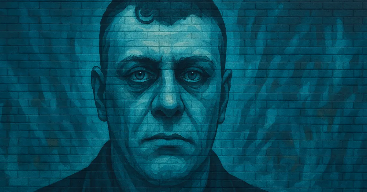 street art portrait of Avery II, a middle-aged man with a heavy brow and a distinctive curl of dark hair on his forehead painted in cool blue tones on a brick background