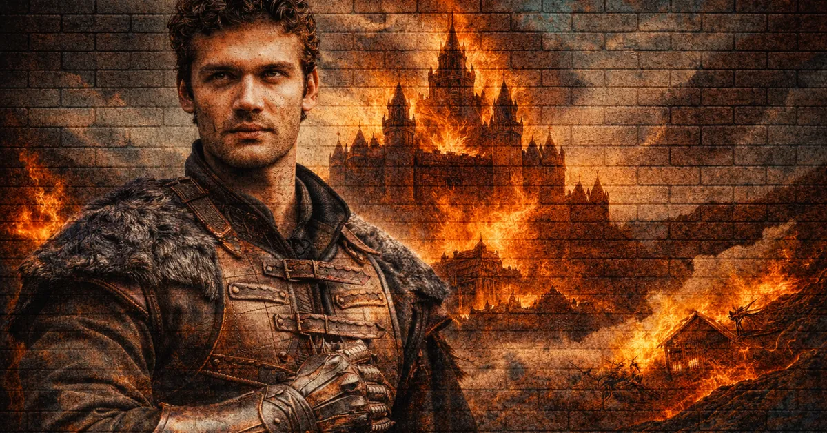 Axell Florent is standing looking into the distance with a pondering mind. Behind him his homeland is burning