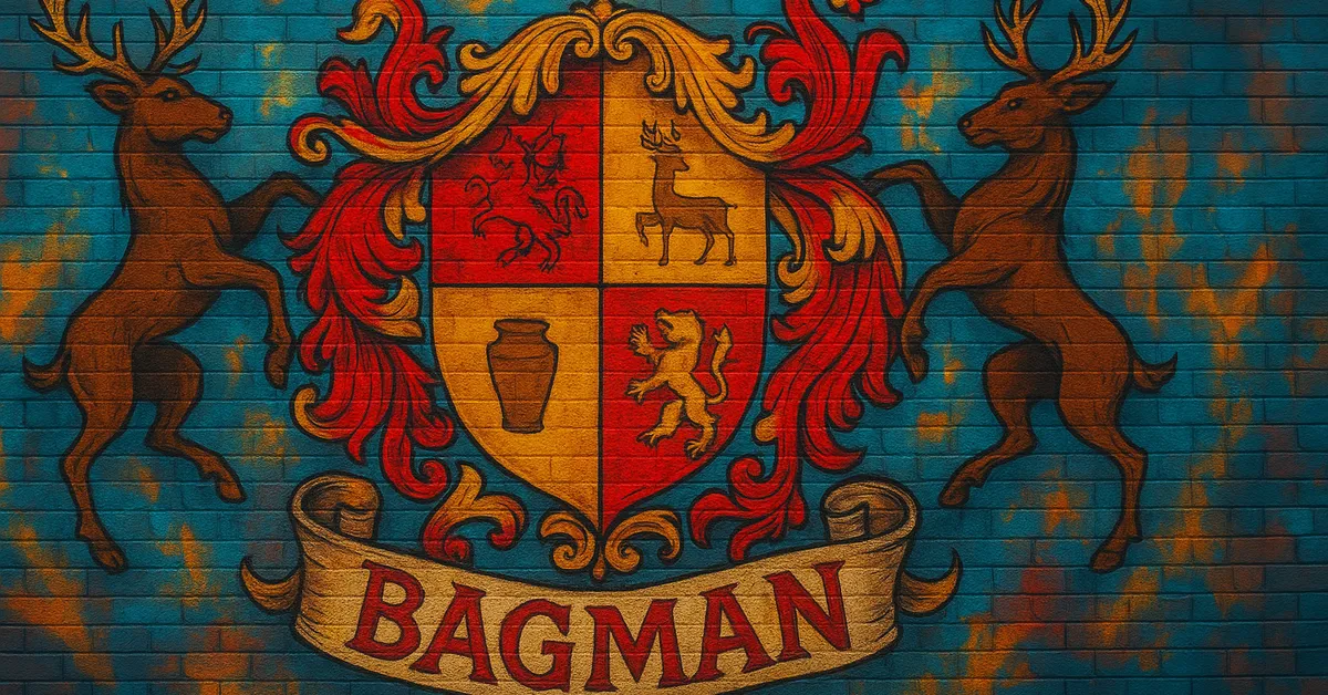 graffiti mural of the Bagman Family crest featuring a red and yellow shield adorned with stags and a chalice flanked by two large deer supporters on a brick wall