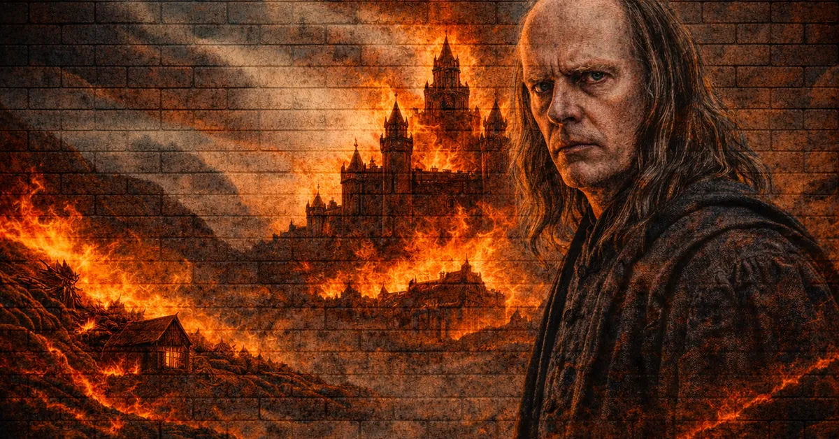 Balon Greyjoy looks old, bald, tired and solem as his world is destroyed by fire in the background