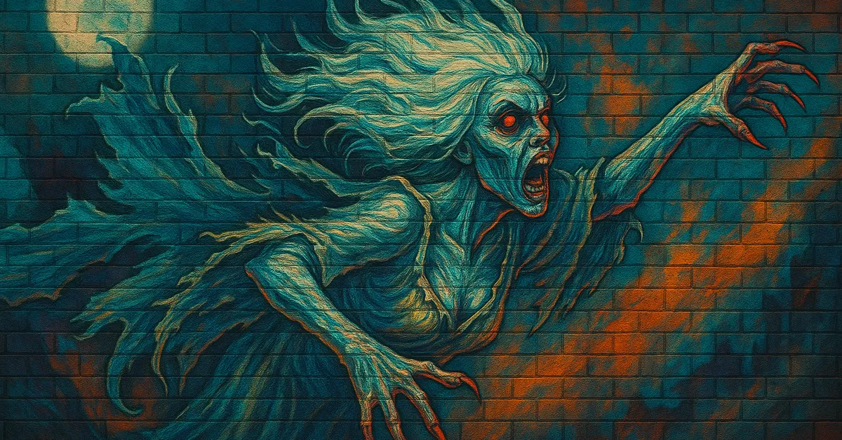 street art depicting the Bandon Banshee as a terrifying spectral figure with flowing white hair and a screaming expression flying against a dark blue brick background