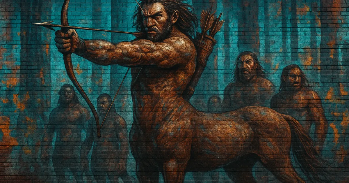 hyper-realistic mural of Bane The Centaur drawing a bow with a fierce expression while other centaurs stand in the misty forest background painted on brick