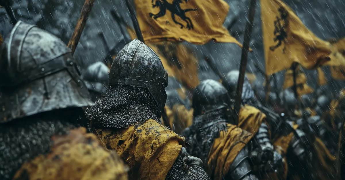 House Baratheon soldiers in sodden yellow surcoats and heavy armor brace against violent wind and rain on the massive curved walls of Storm's End clutching mud-splattered banners showing a crowned black stag