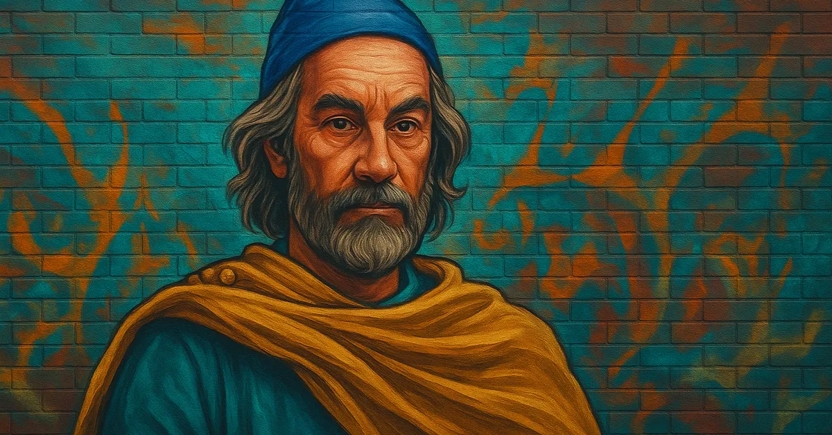 graffiti portrait of Barberus Bragge, a bearded wizard wearing a blue cap and a gold cloak looking authoritative as the historical figure who introduced the Snidget to Quidditch