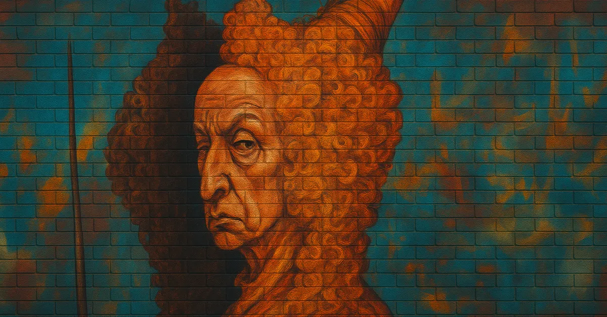 street art of Barnabas Deverill, a severe-looking wizard in profile wearing an elaborate tall orange headdress and holding a wand depicted on a textured wall