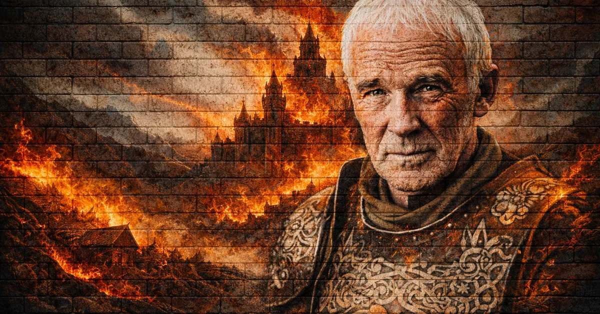 Barristan Selmy lookign stoic and determined to fight. his grey beard and hair obvious as the fire behind him gets larger with more force