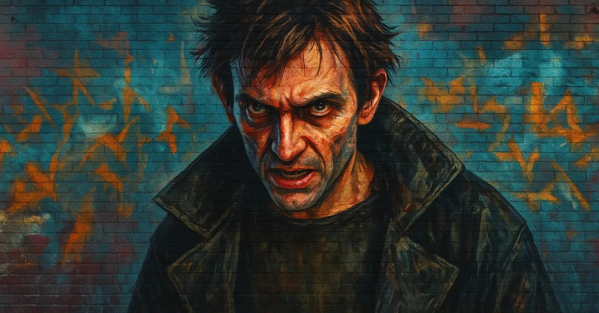 hyper-realistic portrait of Bartemius Crouch Jr, depicted with messy dark hair and a manic intense gaze staring directly from the brick surface