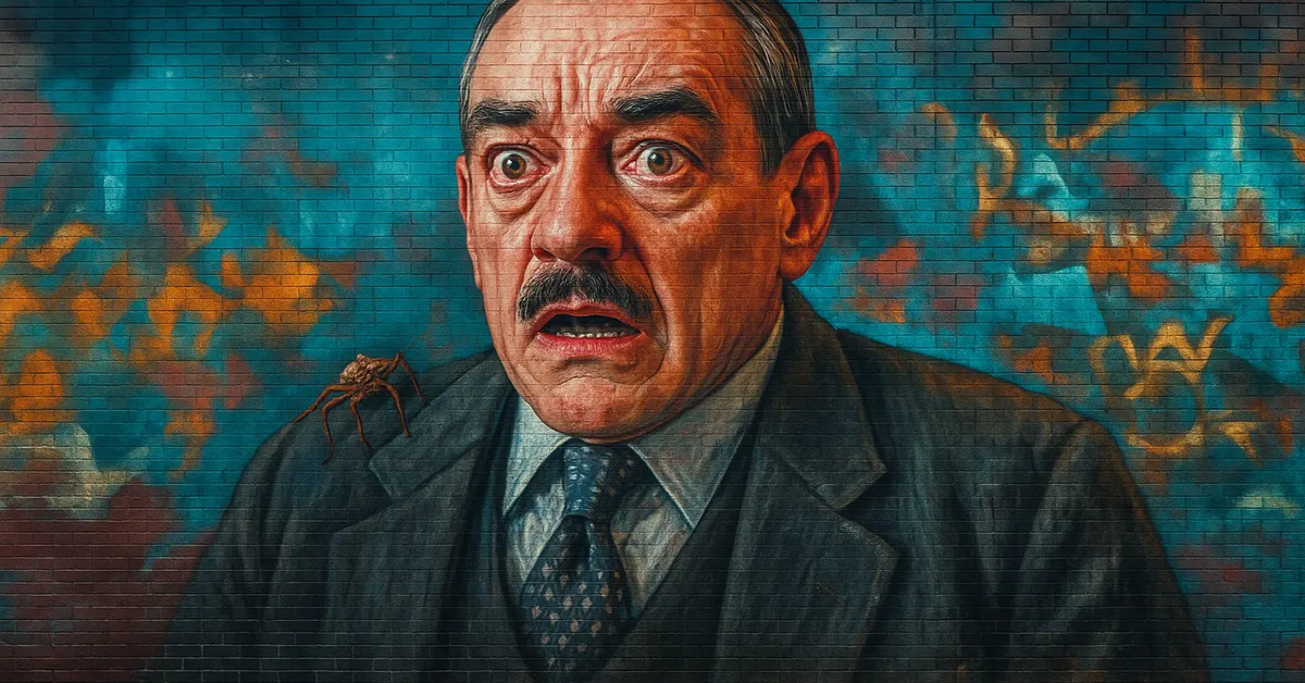 mural of Bartemius Crouch Sr, a stiff older man with a toothbrush mustache looking shocked as a spider crawls on his shoulder symbolizing the Imperius Curse