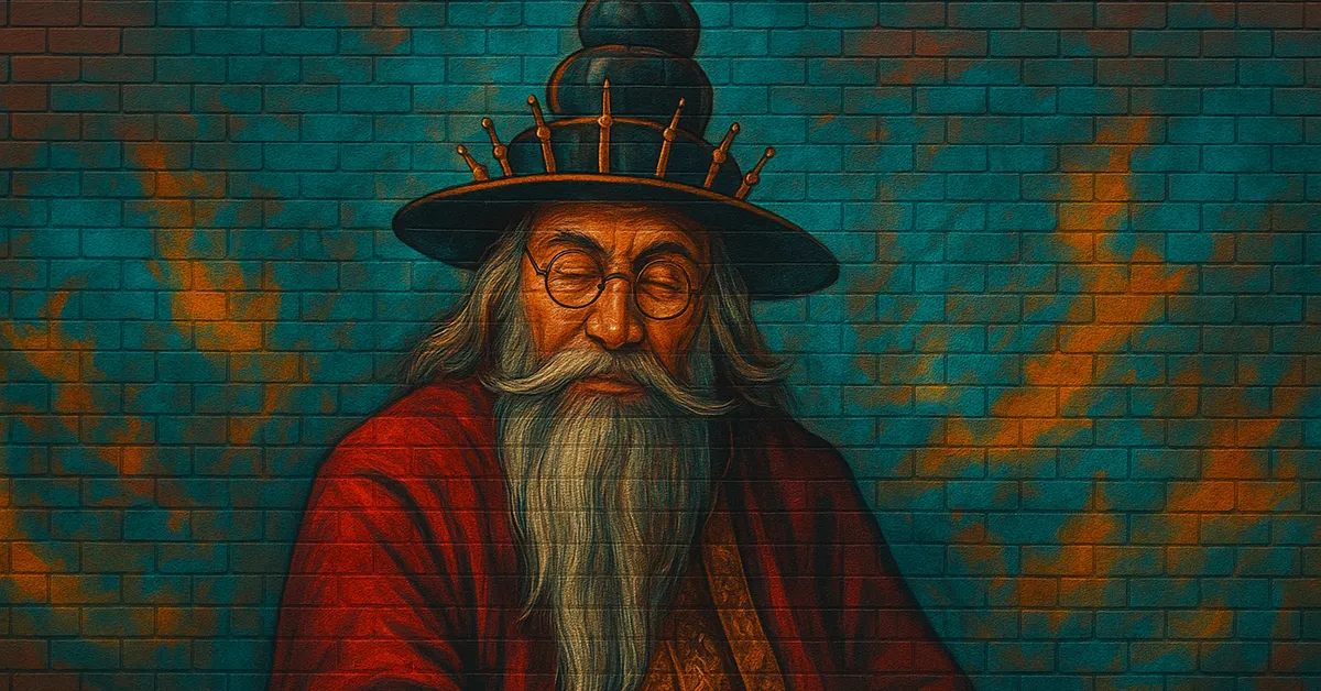 street art portrait of Basil, an elderly wizard with a long white beard wearing a peculiar green spiral hat and red robes typical of a Ministry official