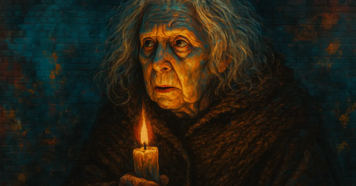 hyper-realistic street art portrait of Bathilda Bagshot, an incredibly old woman with milky eyes and wispy white hair holding a candle in the darkness, capturing her role as a historian