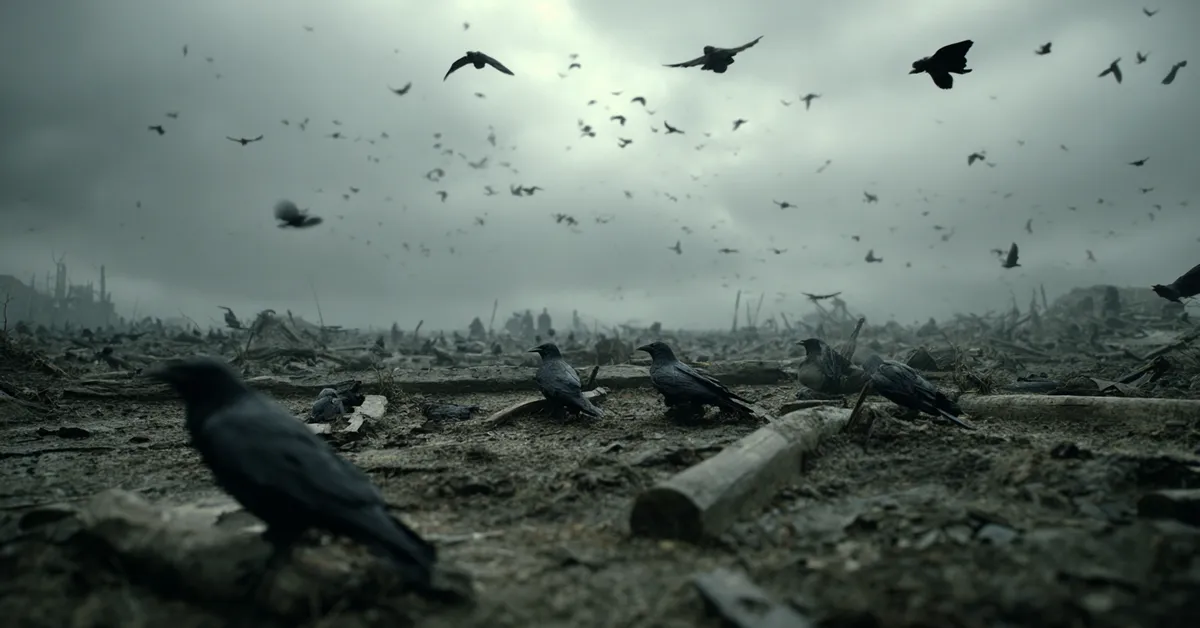 Hundreds of black crows circle and land on a muddy battlefield strewn with fallen soldiers and broken weapons illustrating the bleak aftermath of war in Westeros