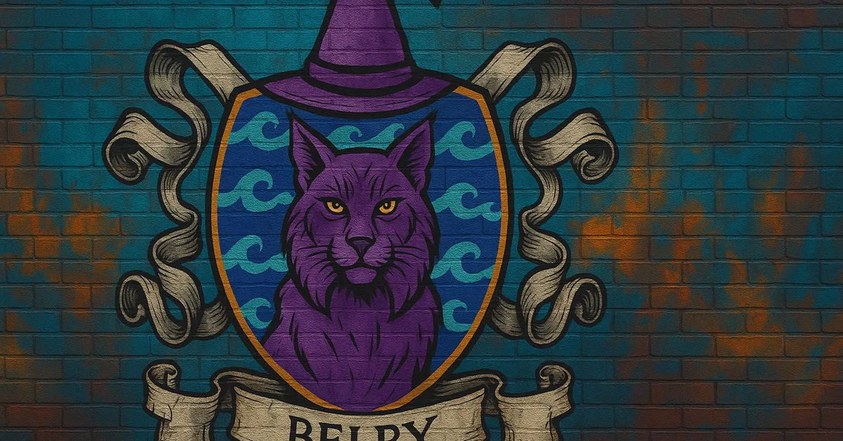 graffiti mural of the Belby Family crest, featuring a purple lynx on a blue and silver shield topped with a wizard's hat painted on a textured brick wall