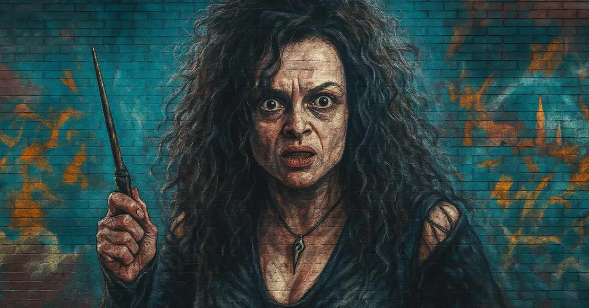 hyper-realistic portrait of Bellatrix Lestrange, a wild-haired witch with a manic expression and dark eyes brandishing a wand, embodying her chaotic nature as a Death Eater