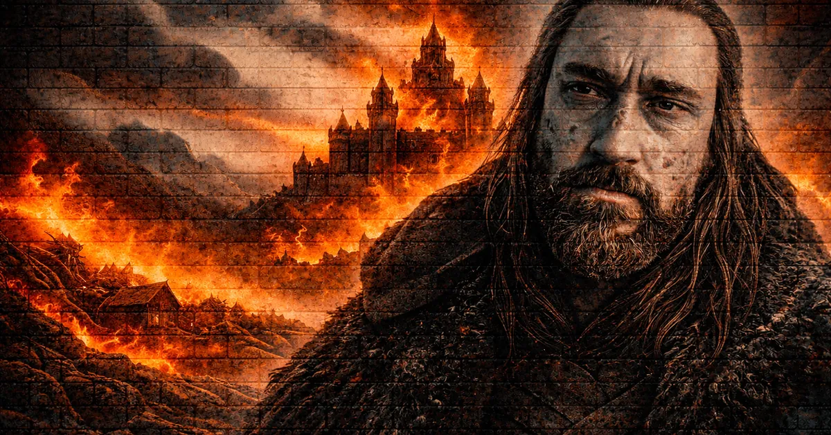 Benjin Stark, hair is dark and slicked back, wearing a winters coat with a firey castle in the bacground