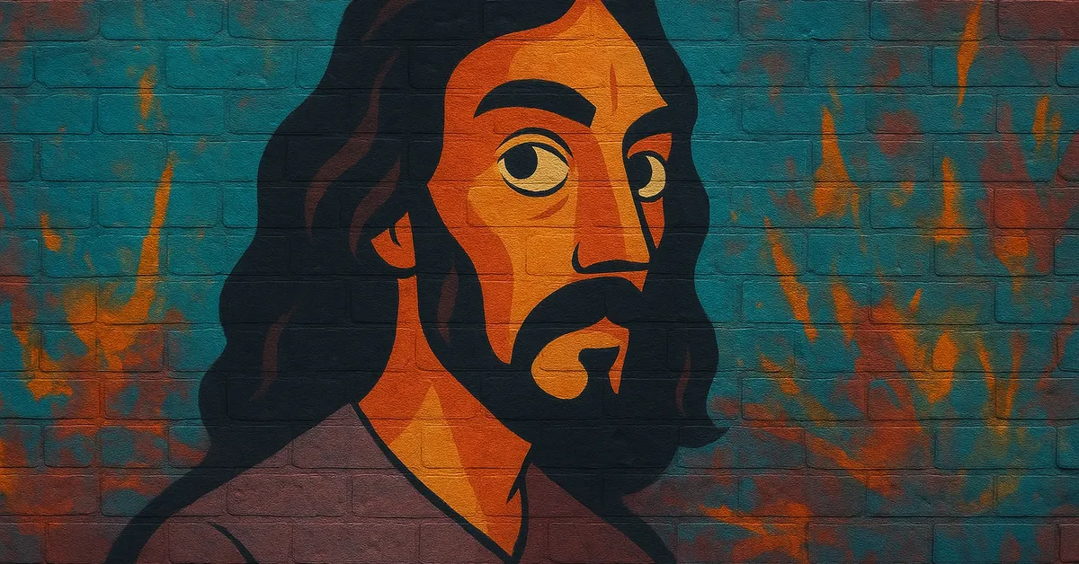 stylized street art of Benjy Fenwick, a man with long dark hair and a beard looking sideways with wide eyes, depicted in a graphic style representing an original Order of the Phoenix member