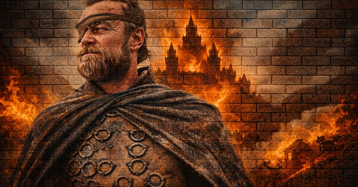 Beric Dondarrion stands with one eye patched, clothes torn as behind him he escapes the firey castle