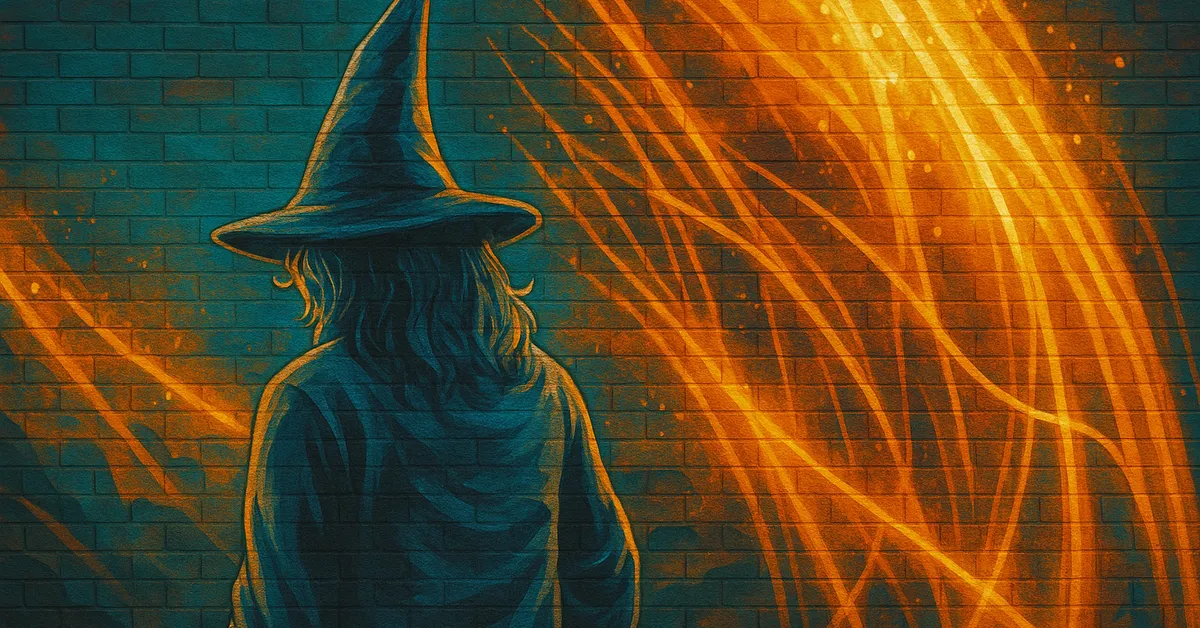 painting of Bertha Jorkins, a witch with a wide-brimmed hat standing with her back turned while magical memory charm streaks swirl around her on a brick wall