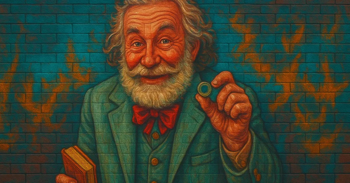 mural of Bertie Bott, a jovial bearded wizard in a green suit and red bow tie holding a single bean and a book, representing the creator of Every Flavour Beans