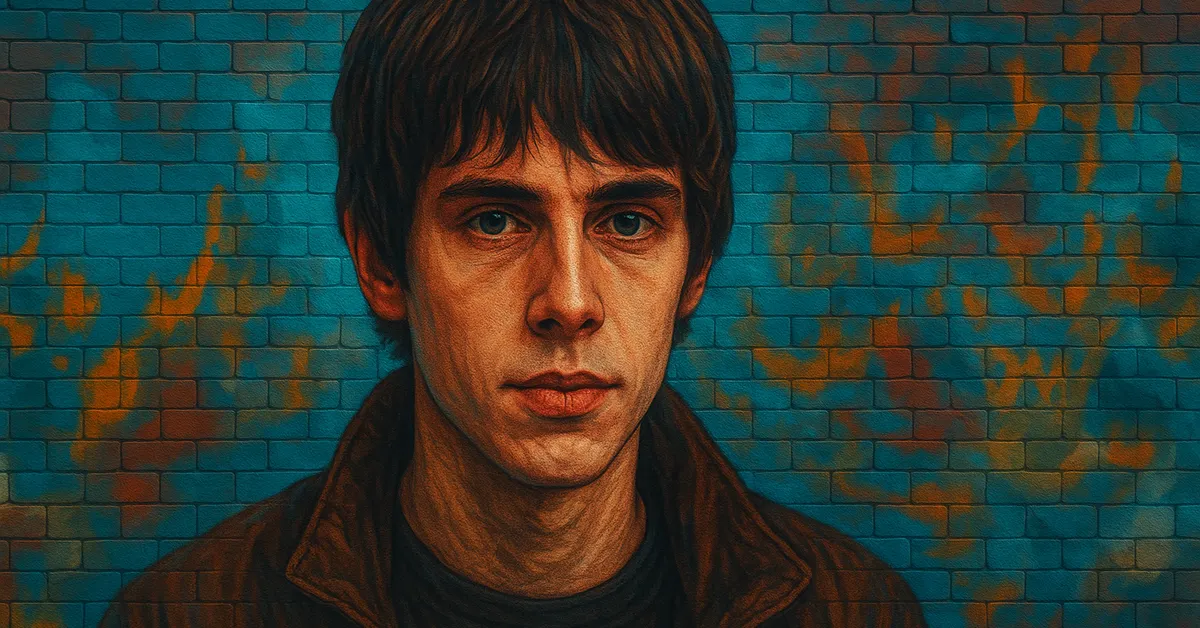 hyper-realistic painting of Bertram Aubrey, a young male student with dark hair and a serious expression looking directly at the viewer against a blue brick background