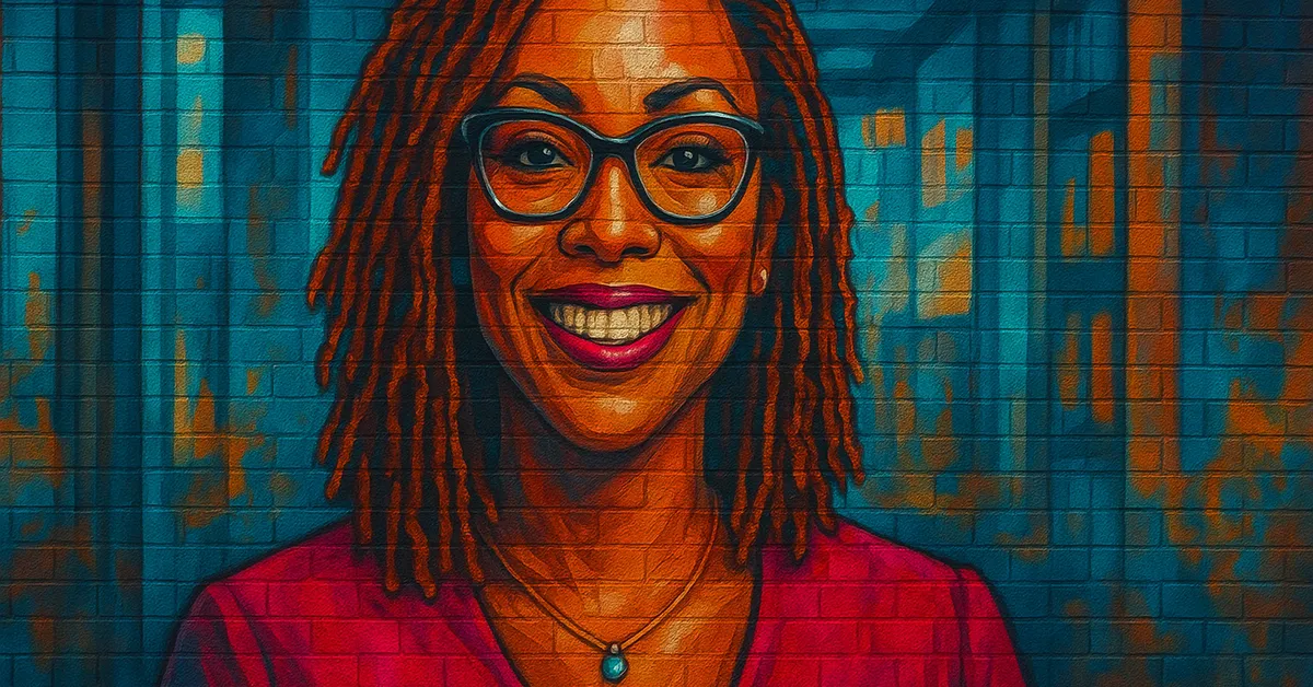 street art of Betty Braithwaite, a woman with dreadlocks and glasses smiling broadly, capturing the friendly yet inquisitive nature of a Daily Prophet reporter