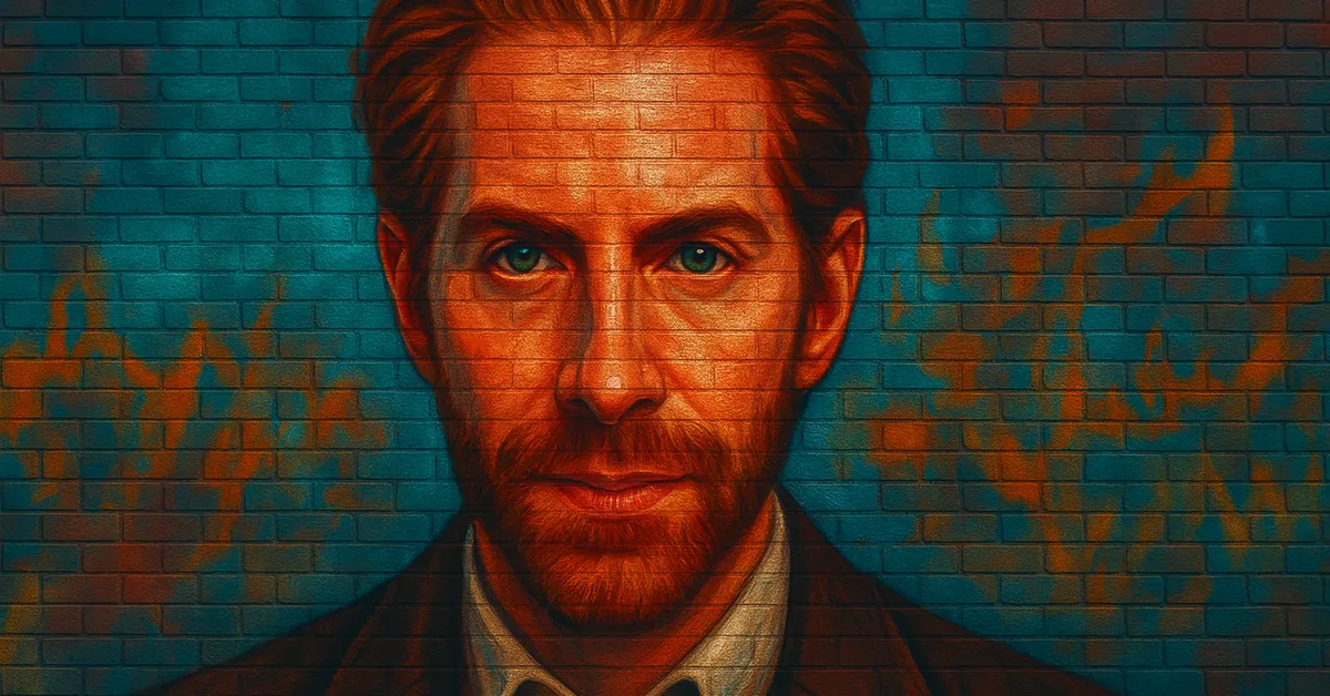 hyper-realistic street art of Bilius Weasley, a red-headed man with a thick beard and a serious expression, staring directly forward in a suit and tie against a textured brick wall.