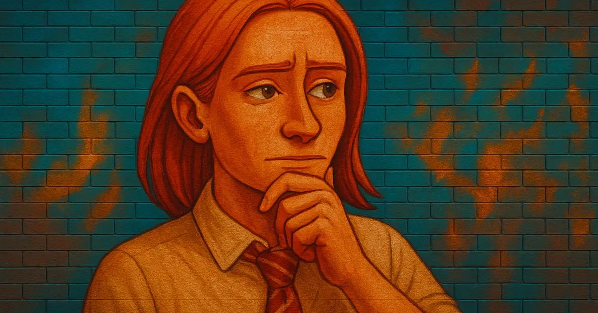 A mural of Bill Weasley standing with a thoughtful expression and his hand on his chin while wearing a Gryffindor tie against a blue and orange brick wall