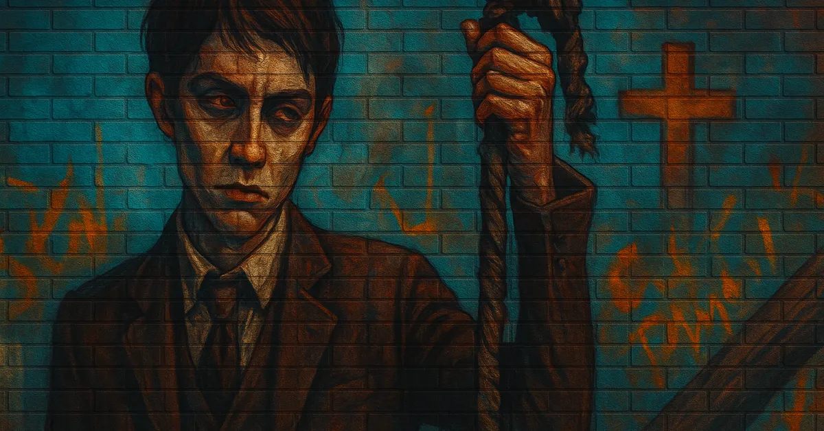 graffiti mural of Billy Stubbs, a solemn young boy in a dark suit holding a thick rope, referencing the orphanage incident with Tom Riddle's rabbit.