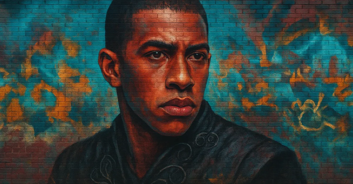 portrait of Blaise Zabini, a handsome young wizard with dark skin and a cool, haughty expression, wearing dark robes that suggest his Slytherin affiliation.