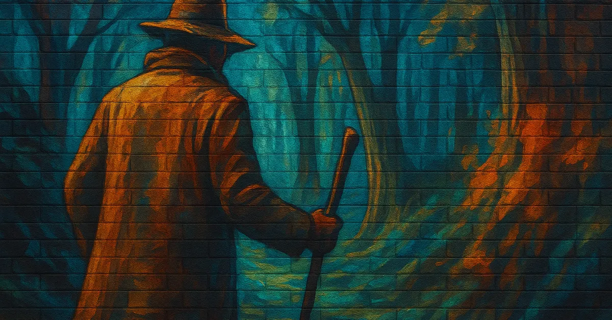 painting of Bob Ogden, a wizard in a fedora and trench coat walking away into a dark, mysterious forest with a wooden staff, representing his role in Magical Law Enforcement.