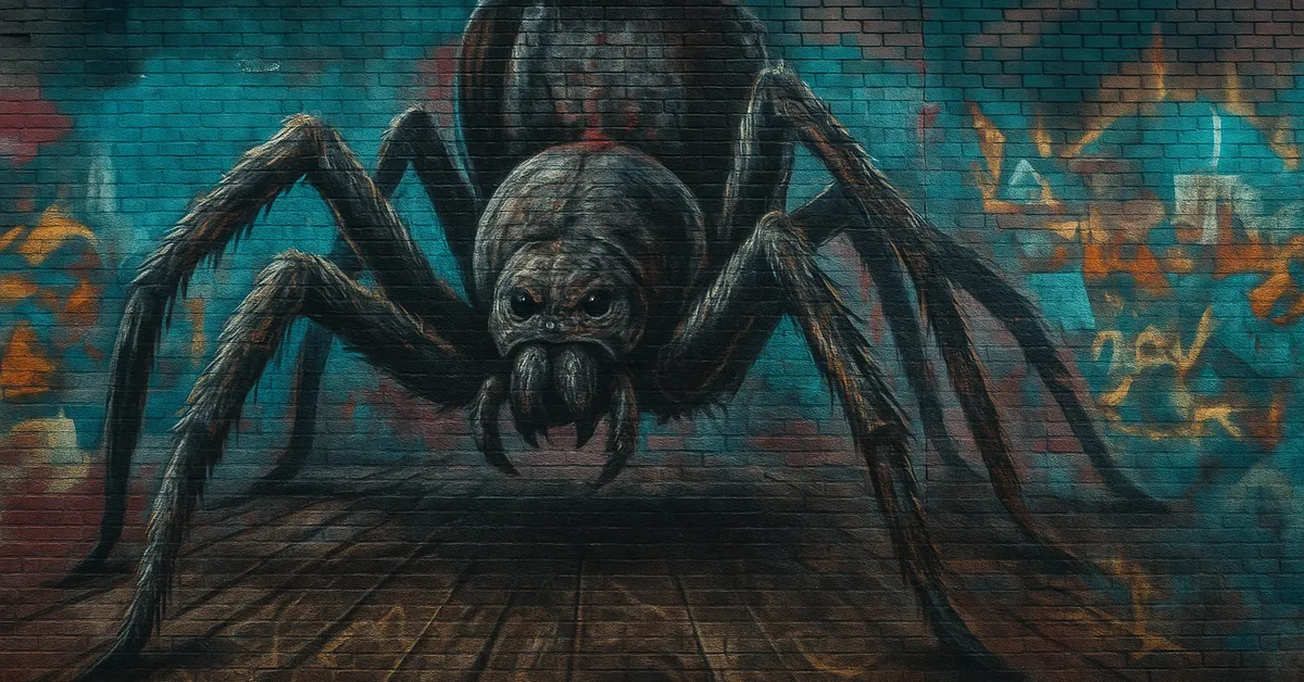 A mural of a huge dark spider with sharp legs and red markings standing on wooden floorboards and facing forward with an aggressive stance