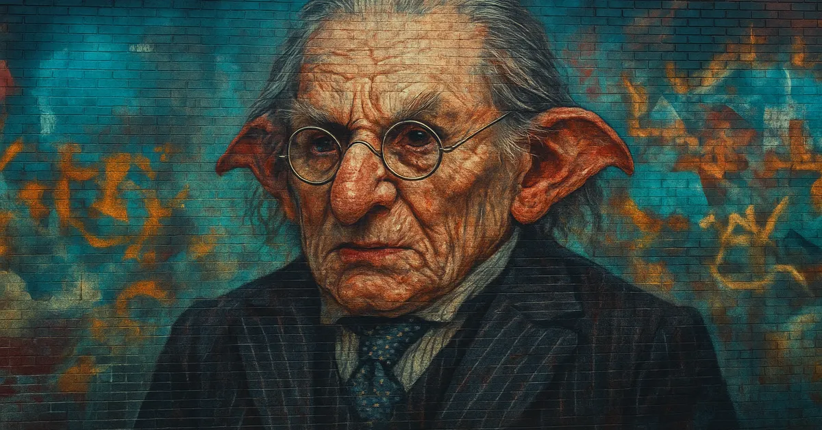 hyper-realistic mural of Bogrod the Goblin, an elderly goblin with spectacles and a serious expression, wearing a suit and tie typical of Gringotts staff.
