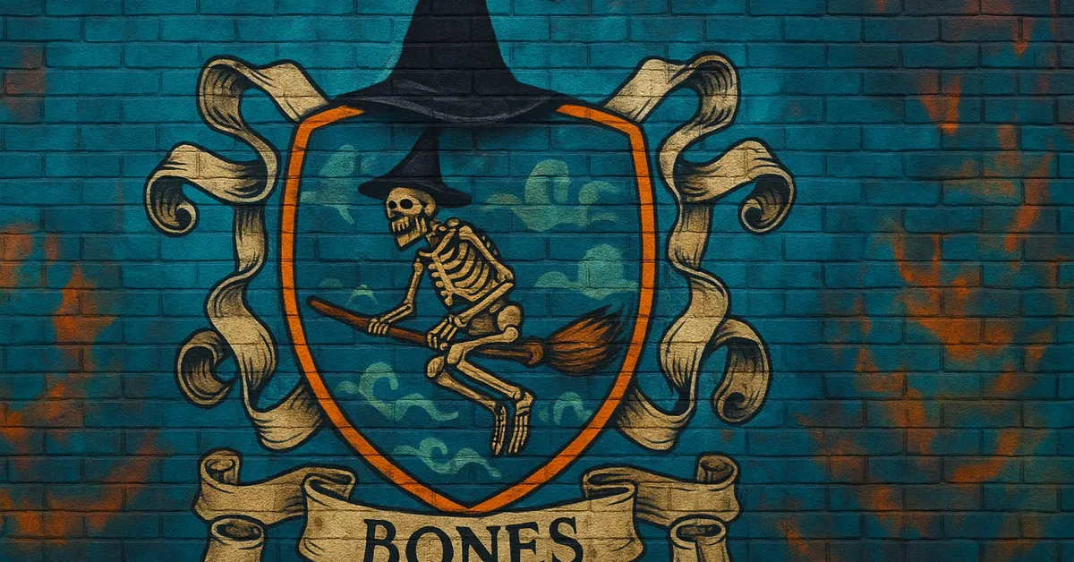 graffiti of the Bones Family crest, featuring a skeleton witch riding a broomstick on a shield with an orange border, painted on a blue brick surface.