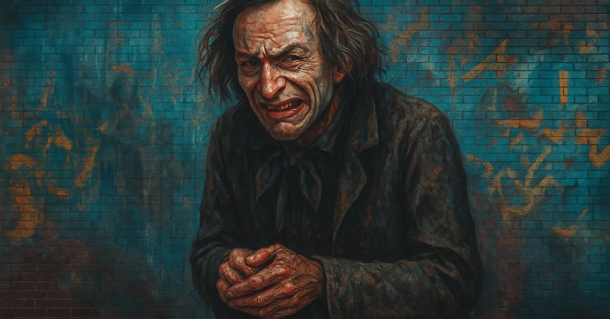 street art portrait of Borgin, a hunched man with oily hair and a greedy, grimacing expression, rubbing his hands together in a dark, suspicious manner.