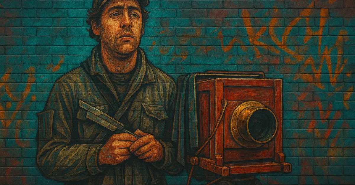 graffiti of Bozo, a photographer with a weary expression and a cap, holding a large, old-fashioned camera, known for working with Rita Skeeter.