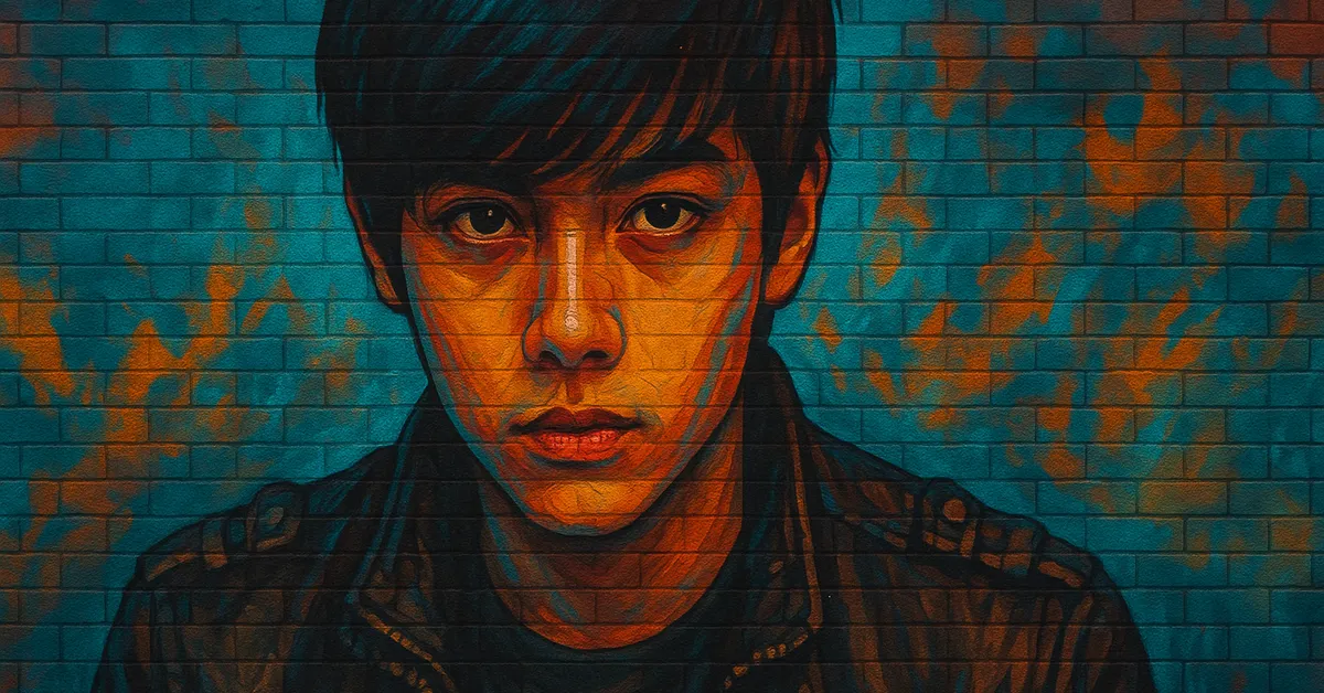 graffiti portrait of Bradley, a young wizard with short dark hair and a serious expression wearing a dark jacket, capturing the focus of the Ravenclaw Quidditch Chaser