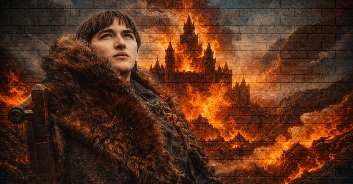 Bran Stark, with dark hair, looking skyward in his wheelchair with a burning castle behind him