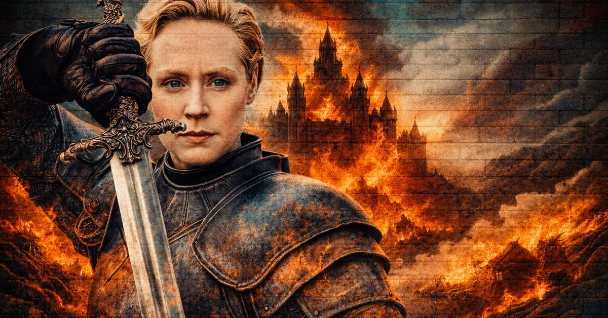 Brienne of Tarth stands ready to fight, sword up and firece eyes as the castle erupts in flames behind her