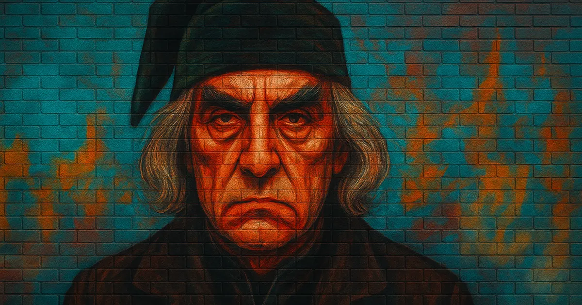 mural of Broderick Bode, a gaunt elderly man with stringy grey hair wearing a dark nightcap and staring vacantly, depicting the Unspeakable after his tragic accident