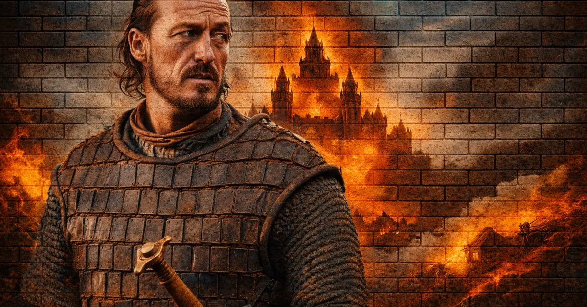 Bronn Blackwater looking worried, armour on, sword in saddle as behind him a fire rages out of control in a castle