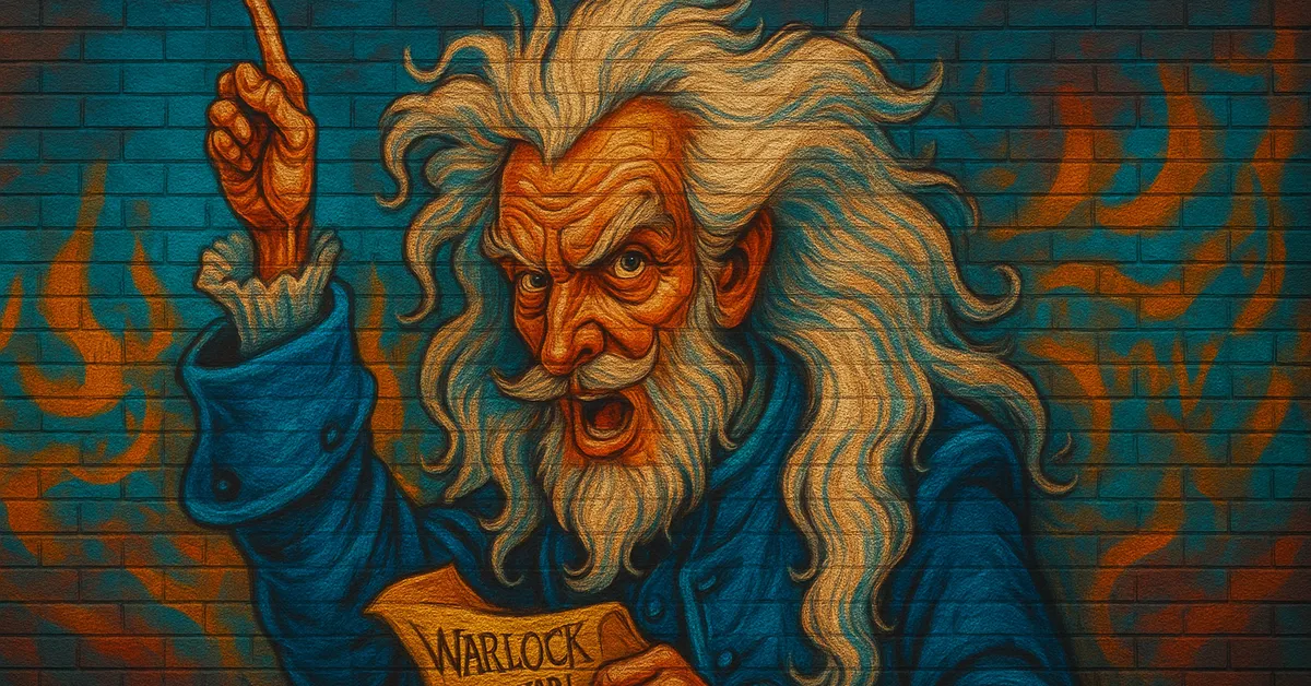 street art of Brutus Malfoy, a wild-haired wizard with a white beard shouting aggressively while holding a pamphlet titled Warlock at War, identifying him as the anti-Muggle editor