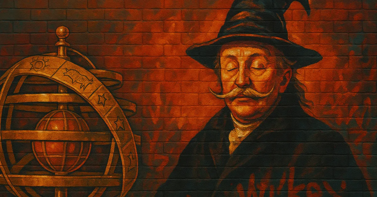 painting of Brutus Scrimgeour, a wizard with a handlebar mustache and pointed hat standing next to a golden armillary sphere, referencing the author of The Beaters' Bible