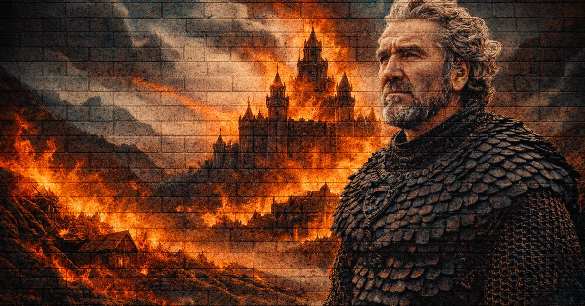 Bryden Tully stands looking away from the flames. His battle clothing is dark and worn as the flames lap at his back