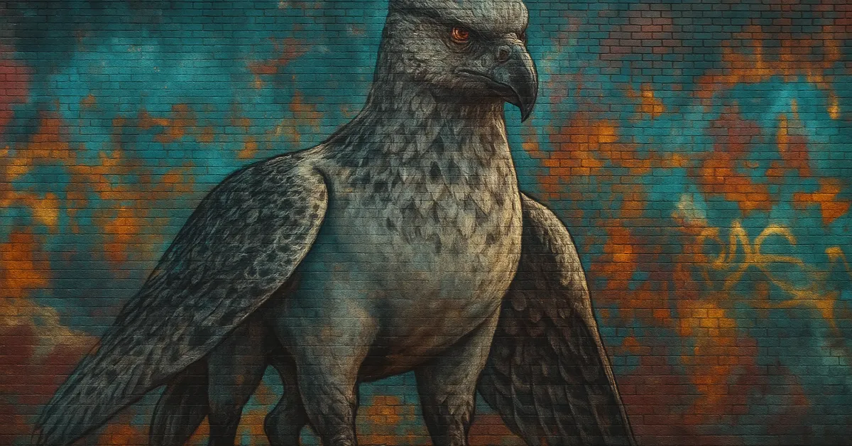 hyper-realistic mural of Buckbeak The Hippogriff, a majestic creature with the head of an eagle and body of a horse standing proudly with steel-grey feathers on a brick wall
